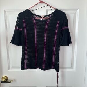 Free People Crochet Black and Purple Side Tie Blouse Size Small